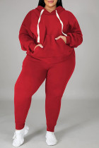 Colletto con cappuccio di base solido casual alla moda rosso Plus Size due pezzi