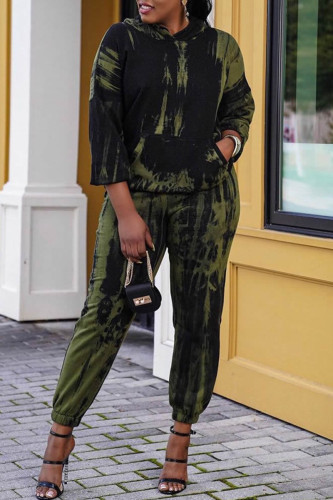 Black Green Fashion Casual Print Basic Hooded Collar Long Sleeve Two Pieces
