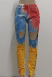 Multi-color Fashion Casual Print Ripped Regular High Waist Pencil Trousers