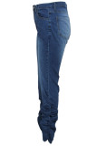 Темно-синие повседневные однотонные джинсы из денима с высокой талией в стиле пэчворк (без ремня)