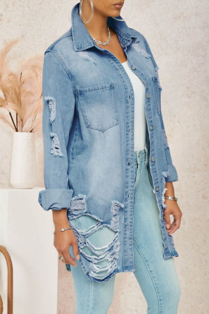 Light Blue Fashion Casual Solid Ripped Cardigan Turndown Collar Long Sleeve Regular Denim Jacket