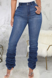 Dark Blue Casual Solid Patchwork Fold High Waist Regular Denim Jeans(Without Belt)