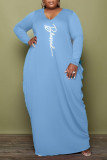 Синие повседневные платья больших размеров с принтом в стиле пэчворк и круглым вырезом с длинным рукавом
