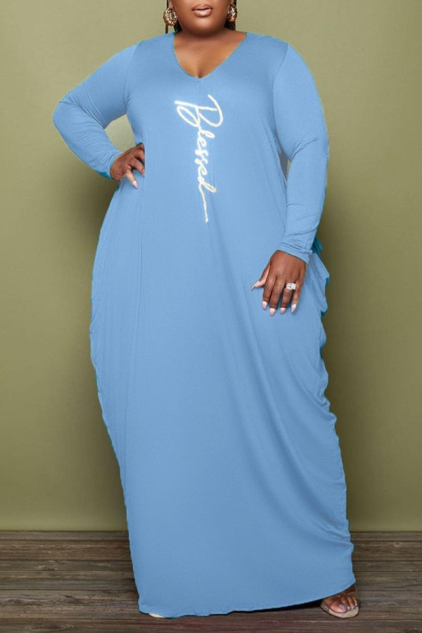 Голубой повседневный принт в стиле пэчворк с круглым вырезом и длинным рукавом платья больших размеров