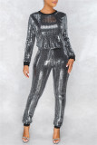 Серебристо-черный модный повседневный пэчворк с блестками и круглым вырезом с длинным рукавом из двух частей