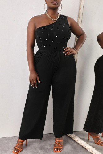 Svart Mode Casual Solid Beading One Shoulder Plus Size Jumpsuits