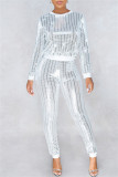 White Fashion Casual Patchwork Sequins O Neck Long Sleeve Two Pieces