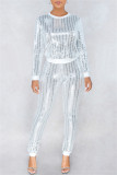 White Fashion Casual Patchwork Sequins O Neck Long Sleeve Two Pieces