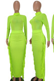 Fluorescent Green Sexy Solid Tassel Patchwork See-through O Neck Long Sleeve Two Pieces