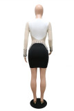 White Sexy Patchwork See-through Beading V Neck Long Sleeve Dresses