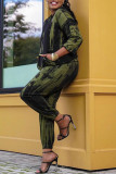 ブラックグリーンファッションカジュアルプリントベーシックフード付きカラー長袖ツーピース