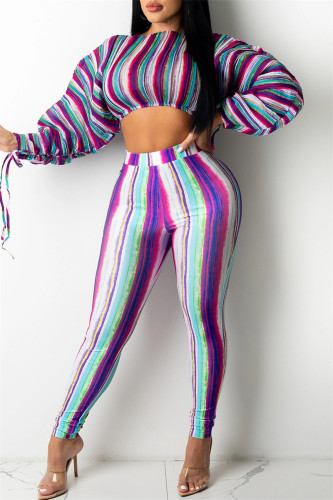 Purple Fashion Casual Striped Print Draw String O Neck Long Sleeve Two Pieces