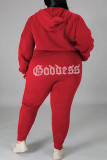 Colletto con cappuccio in trapano caldo solido casual moda rosso Plus Size due pezzi