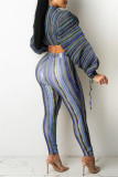 Gray Blue Fashion Casual Striped Print Draw String O Neck Long Sleeve Two Pieces