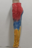 Calça lápis moda casual multicolorida com estampa rasgada e cintura alta