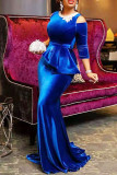 Синее элегантное однотонное вышитое выдолбленное вечернее платье в стиле пэчворк с круглым вырезом Платья