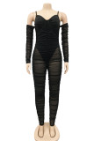 Macacão skinny preto fashion sexy patchwork sólido transparente sem costas com alça de espaguete