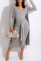 Grey Fashion Casual Solid Basic O Neck Long Sleeve Two Pieces