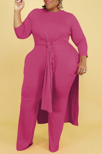 Rose Red Casual Solid Patchwork Slit O Neck Long Sleeve Two Pieces