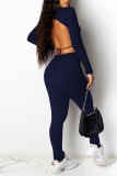 Blue Sexy Solid Patchwork Frenulum Backless O Neck Long Sleeve Two Pieces