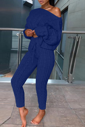 Royal Blue Fashion Casual Solid Basic O Neck Long Sleeve Two Pieces