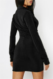 Black Fashion Casual Solid Buckle V Neck Long Sleeve Dresses