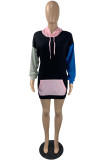Black Fashion Casual Patchwork Pocket Hooded Collar Long Sleeve Dresses
