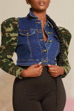 Mörkblått Mode Casual Kamouflagetryck Patchwork Turndown-krage Långärmad Vanlig jeansjacka