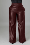 Bordeaux Casual Solid Patchwork Straight Mid Waist Wide Leg Solid Color Bottoms
