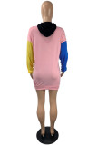 ピンクのファッションカジュアルパッチワークポケットフード付き襟長袖ドレス
