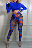 Blue Sexy Print Bandage Patchwork O Neck Long Sleeve Two Pieces