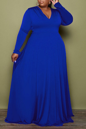 Diepblauw Casual Elegant Solid Patchwork V-hals A-lijn Grote maten jurken