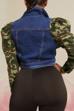 Veste en jean classique à la mode décontractée à imprimé camouflage patchwork col rabattu manches longues bleu foncé