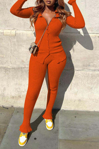 Tangerine Red Casual Solid Patchwork Buckle Turndown Collar Long Sleeve Two Pieces