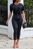 Calça jeans preta fashion casual sólida cintura alta regular