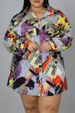 Multicolor Fashion Casual Print Basic Turndown Collar Shirt Dress