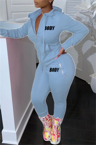 Light Blue Fashion Casual Letter Print Solid Color Hooded Collar Long Sleeve Two Pieces