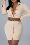 Apricot Fashion Casual Solid Buckle V-Ausschnitt Langarm-Kleider