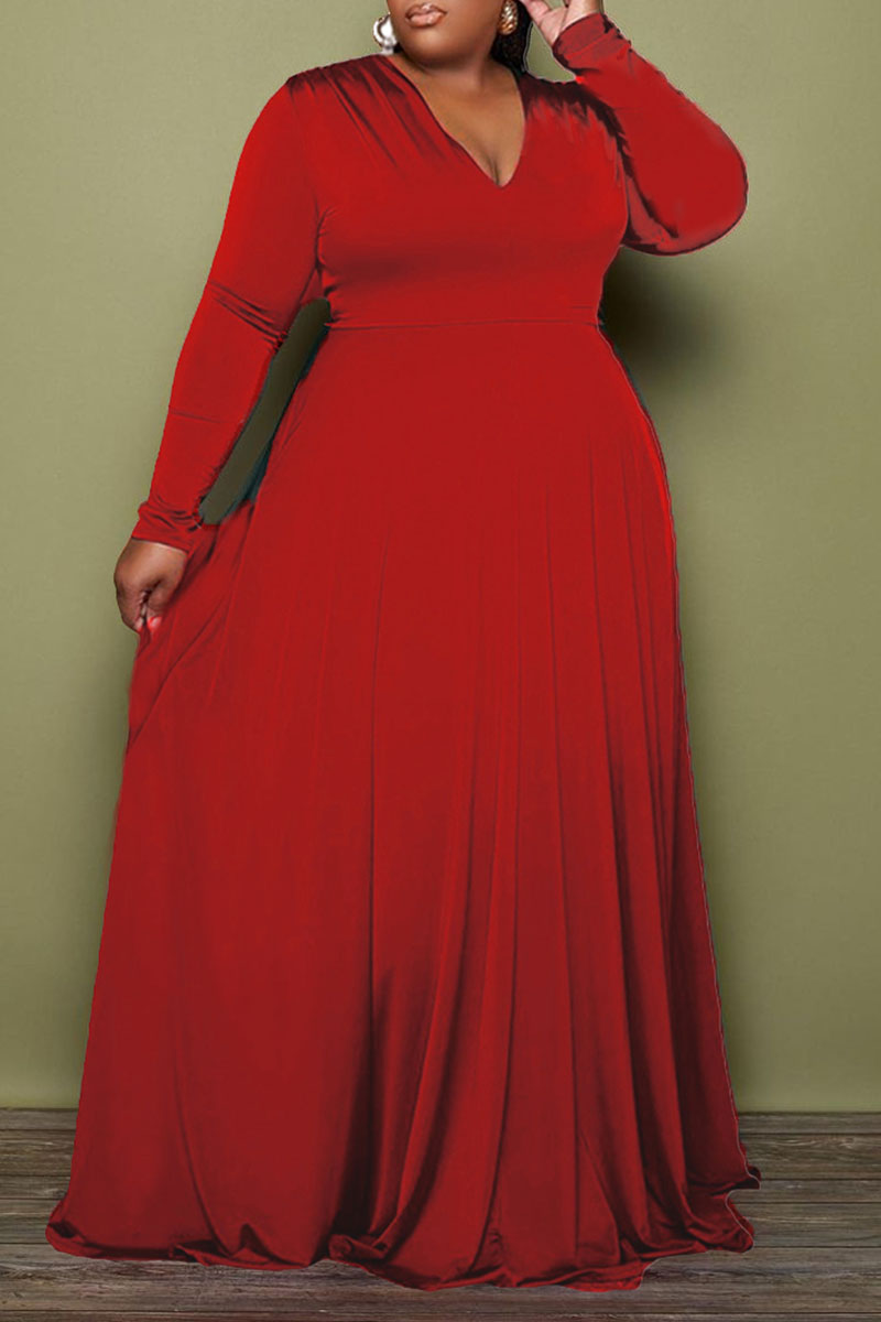Burgundy Casual Elegant Solid Split Joint V Neck A Line Plus Size Dresses