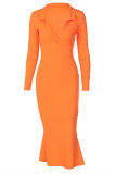 Oranje mode casual effen patchwork jurken met V-hals en lange mouwen