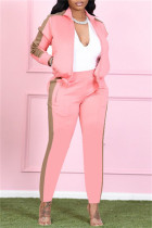 Розовый модный повседневный однотонный пэчворк с отложным воротником и длинным рукавом из двух частей