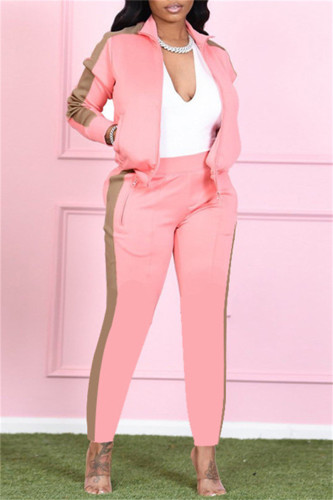 Pink Fashion Casual Solid Patchwork Turndown Collar Long Sleeve Two Pieces