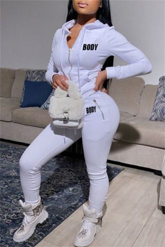 White Fashion Casual Letter Print Solid Color Hooded Collar Long Sleeve Two Pieces