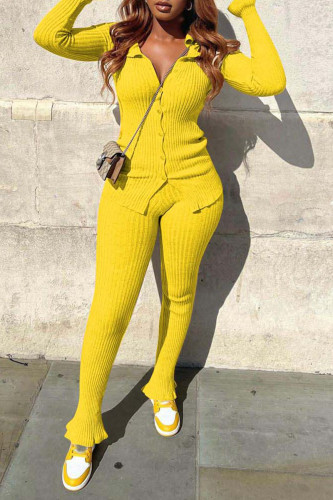 Yellow Casual Solid Patchwork Buckle Turndown Collar Long Sleeve Two Pieces