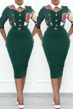 Green Fashion Casual Print Hollowed Out Patchwork With Belt Turndown Collar Plus Size Dresses