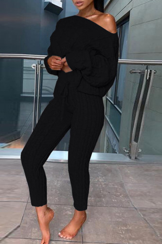 Black Fashion Casual Solid Basic O Neck Long Sleeve Two Pieces