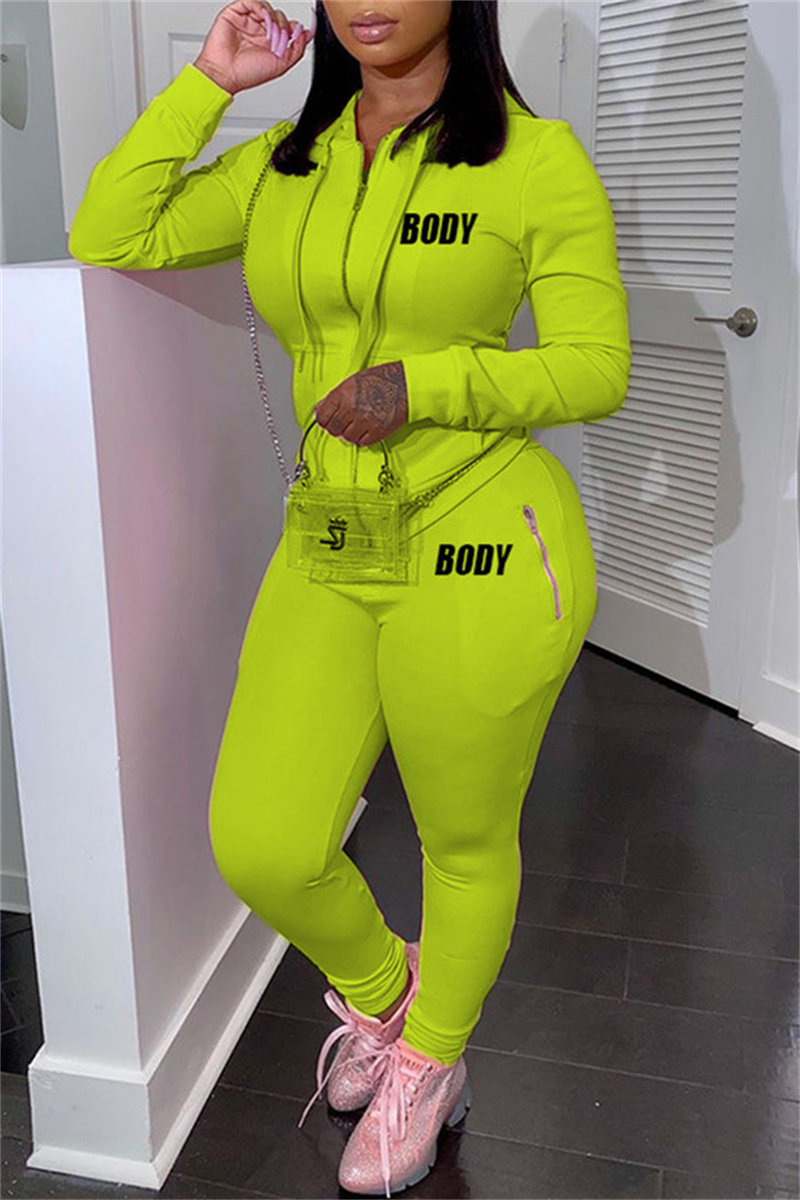 

Fluorescent Yellow Fashion Casual Letter Print Solid Color Hooded Collar Long Sleeve Two Pieces