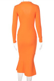 オレンジファッションカジュアル固体パッチワーク V ネック長袖ドレス
