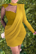 Gelbe Mode Lässig Erwachsene Twilled Satin Patchwork Solide Patchwork O-Ausschnitt Langarm Mini Langarm Kleid Kleider