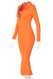 Vestidos de manga larga con cuello en V de patchwork sólido casual de moda naranja